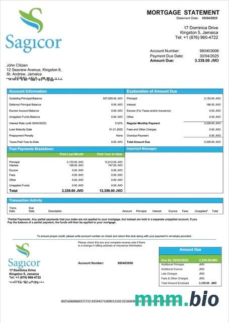 Jamajka Sagicor Bank Jamaica Limited wyciąg z kredytu hipotecznego szablon Word i PDF